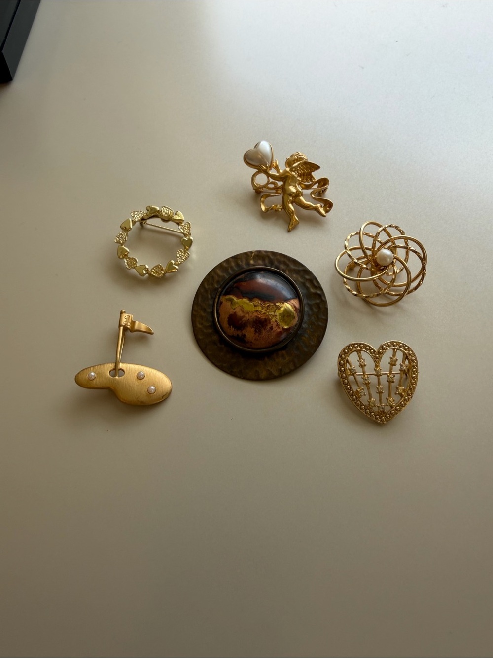 Lot of 6 Gold-Tone Vintage Mixed Brooch Set